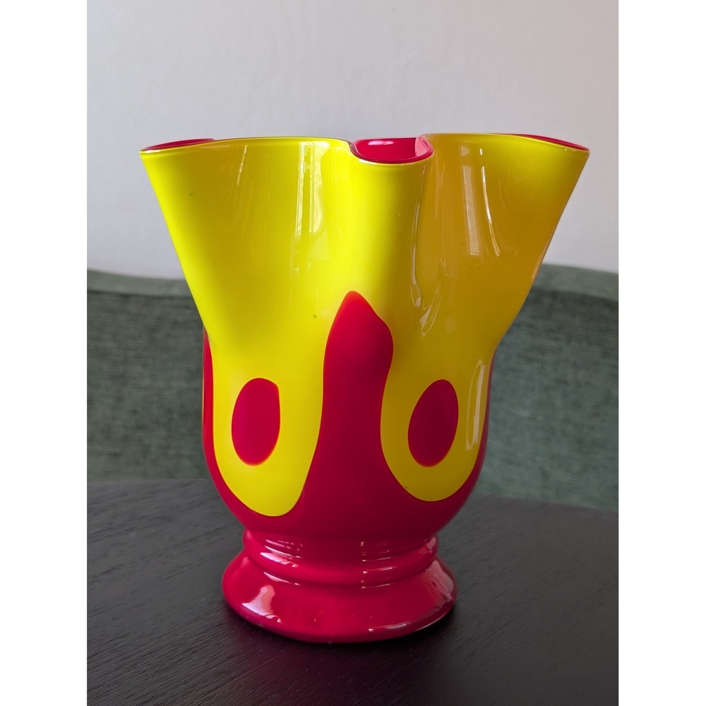 Vintage Yellow‎ Red Ruffled Handkerchief Glass Vase Large Midcentury Modern Art